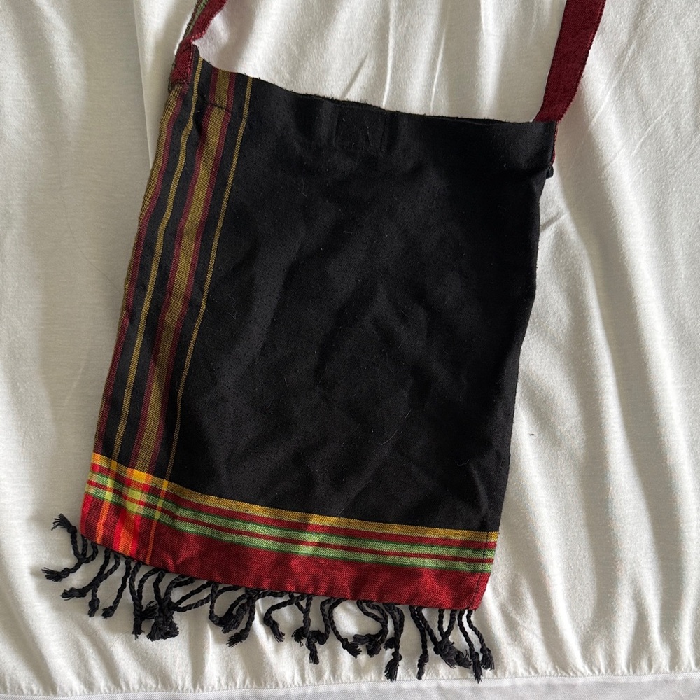 Black Woven Crossbody Bag with Red & Green Stripe Trim